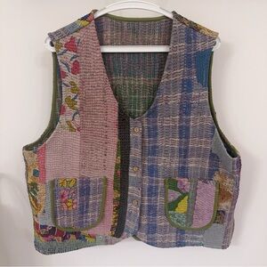 Indian Kantha Patchwork Vest｜Reversible Handmade Cotton Vest｜Vintage Textile